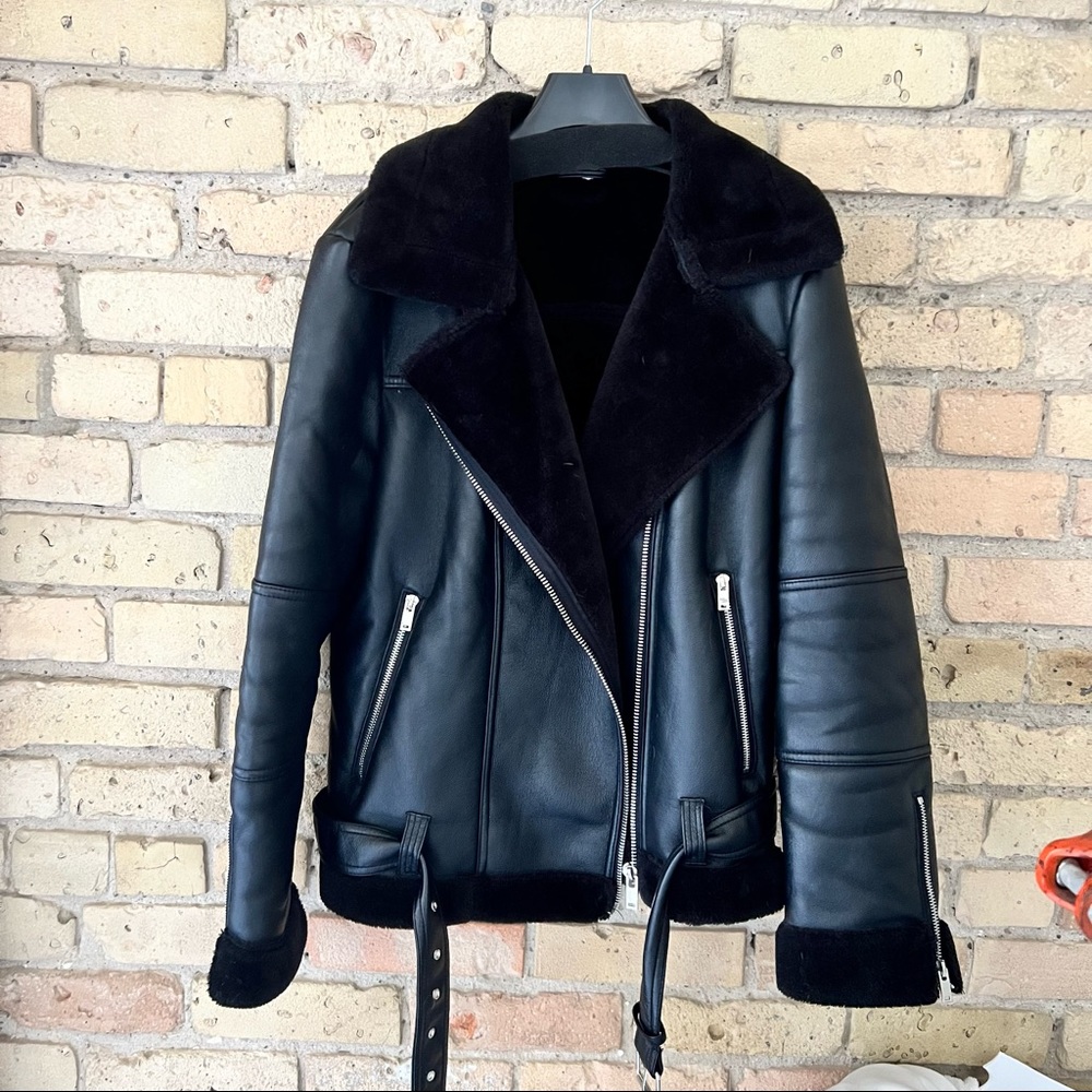 Topshop faux shearling aviator jacket with faux fur lining in black